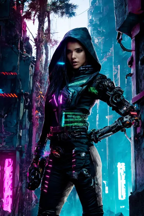 photorealistic, best quality, hyper detailed, (cyberpunk style), (cyberpunk  aesthetic  character with  a mechanical arm),   A beautiful breathtaking full body shot of an archer ranger woman with dark hair looking like Marie Avgeropoulos wearing warpaint o...