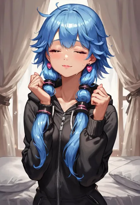 a close up of a person with blue hair and a hoodie