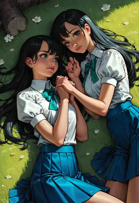 two women in school uniforms laying on the grass together