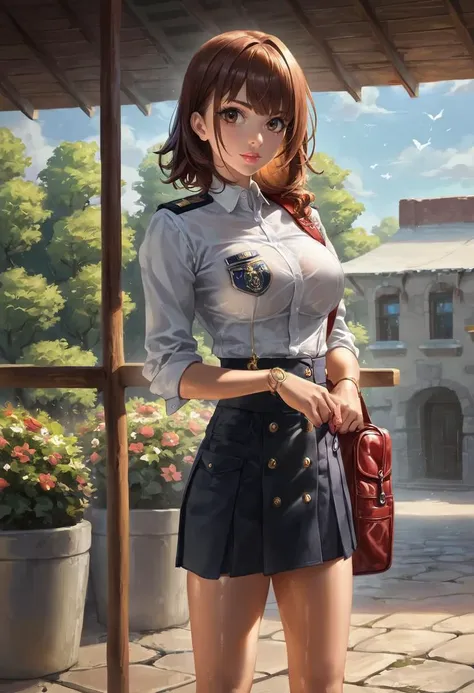 anime girl in uniform posing in front of a building