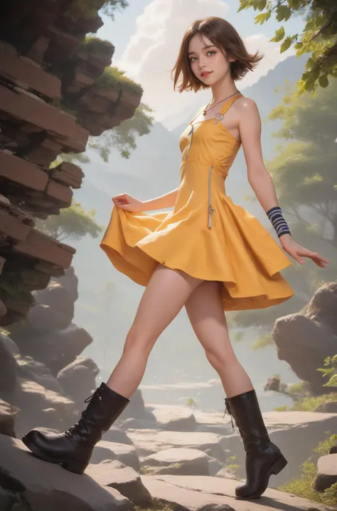 a woman in a yellow dress and boots walking on a rock