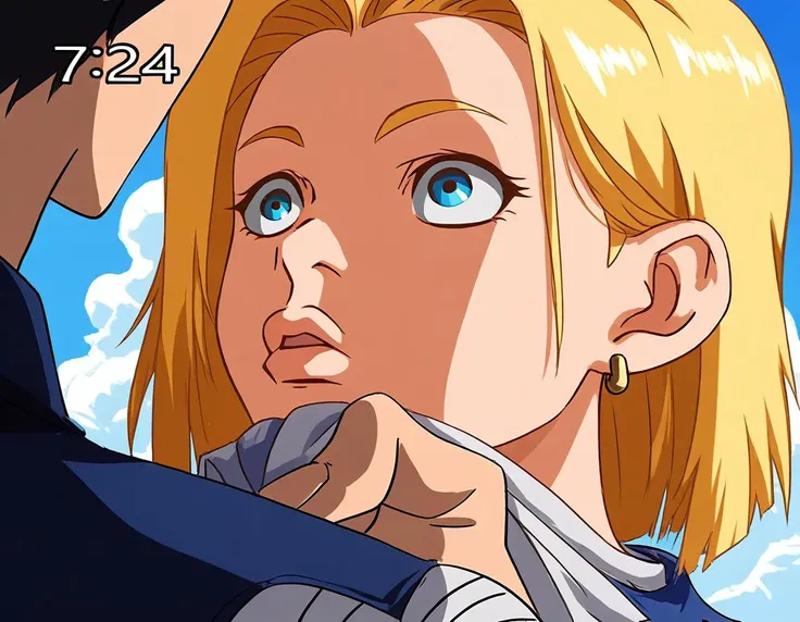 anime image of a woman with blonde hair and blue eyes