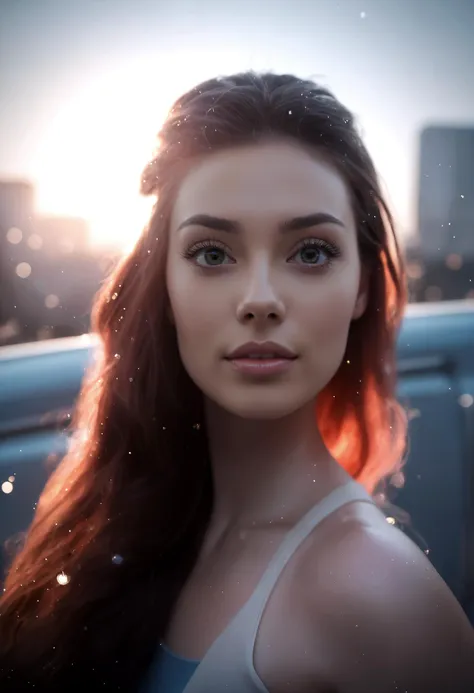 a close up of a woman with long hair and a white top