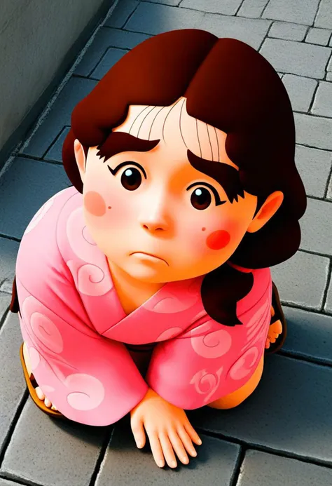 cartoon girl in pink kimono sitting on the ground with her hands on her knees