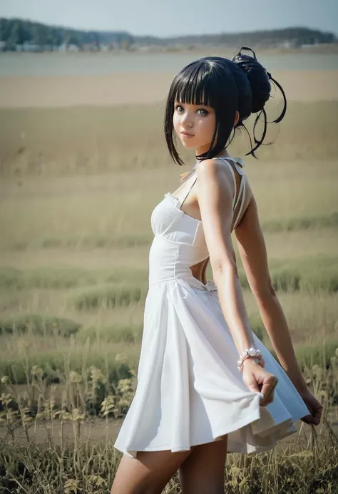 arafed woman in a white dress standing in a field