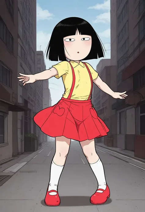 a cartoon girl in a red skirt and yellow shirt is standing in the middle of a street