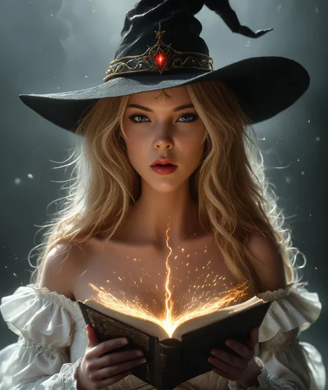 a woman in a witch hat reading a book with a glowing light coming out of it