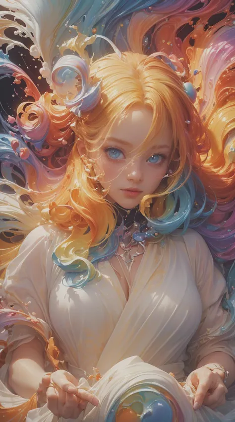 (masterpiece, top quality, best quality, official art, beautiful and aesthetic:1.2), (1girl) blonde hair, white dress, glowing eyes,daylight, edge light,looking in the camera, center composition, cute, looking in the camera colorful swirling, color, rainbo...