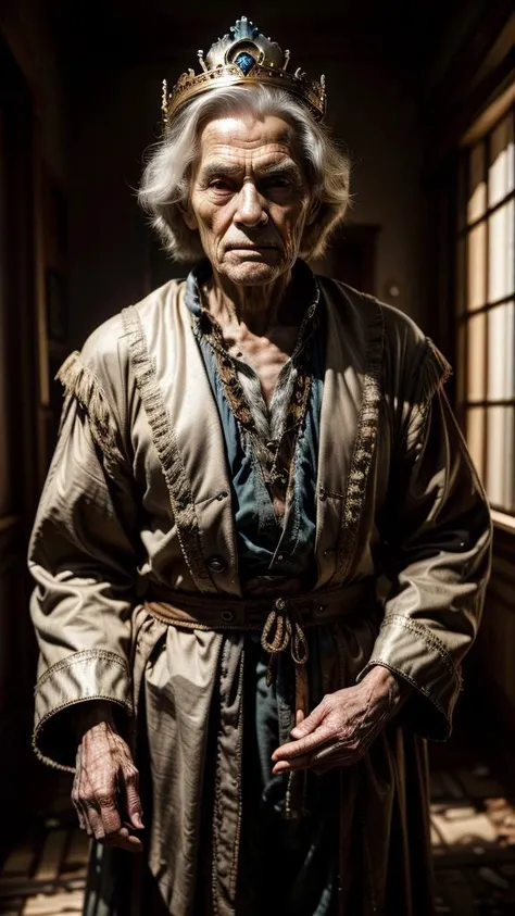 old wise man, dramatic lighting, wearing old outfits, thorned clothes, regal crown, realistic anime style, hybrid reality, background of Destruction <lora:add_detail:1> <lora:Animesh-Lora:1>