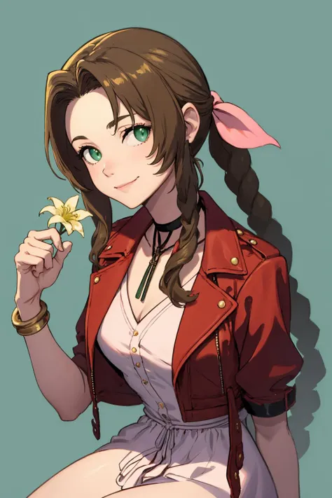 a woman with long hair and a red jacket holding a flower