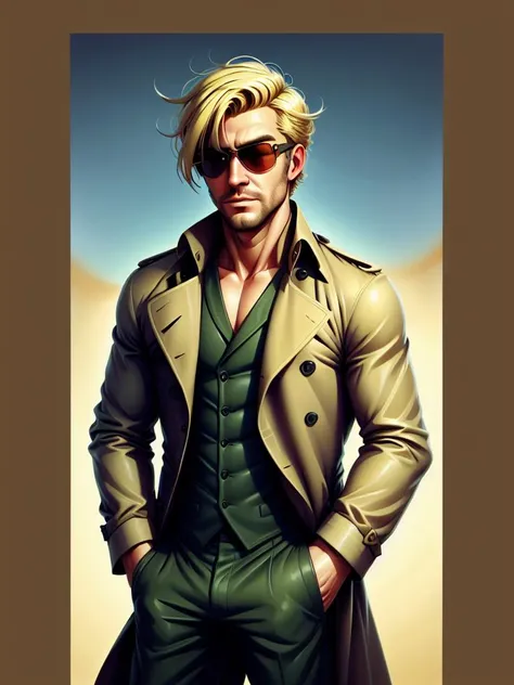 painting of man in a trench coat, sun glasses, blonde hair, TGJ