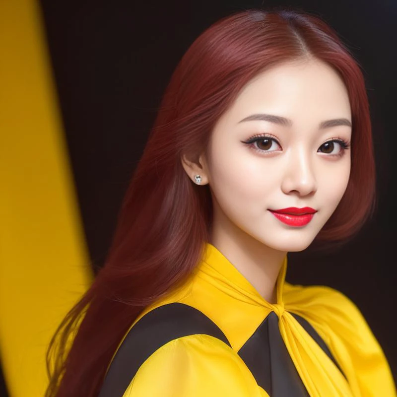 (close-up portrait:1.3) of tzuyu-3000, standing in a theater, red lips, smiling, 1girl, wearing a (black and yellow dress:1.2), (Kpop idol), best quality, ultra high res, (photorealistic:1.4)