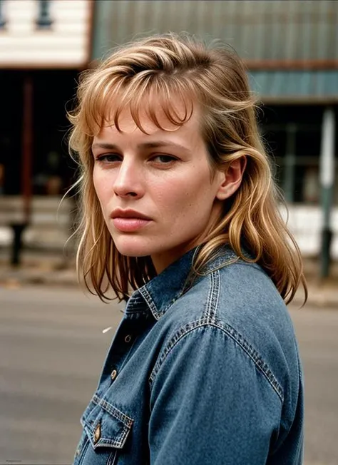 A stunning intricate color close up portrait of (sks woman:1) , wearing Flannel shirt and jeans, epic character composition, sharp focus, natural lighting, subsurface scattering, f2, 35mm, film grain, , by Peter Lindbergh, <lora:lora-small-kim-basinger-v1:...