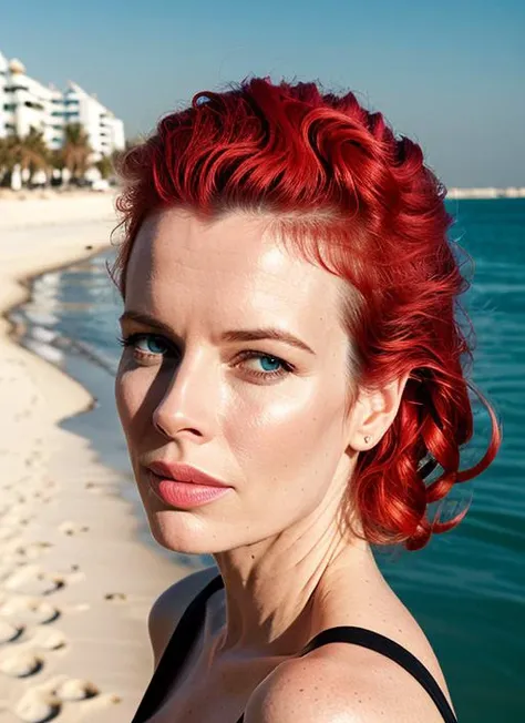 portrait of sks woman in Dubai, at the Palm Jumeirah, by Flora Borsi, style by Flora Borsi, bold, bright colours, ((Flora Borsi)), by Ansel Adams, <lora:lora-small-kim-basinger-v1:1>