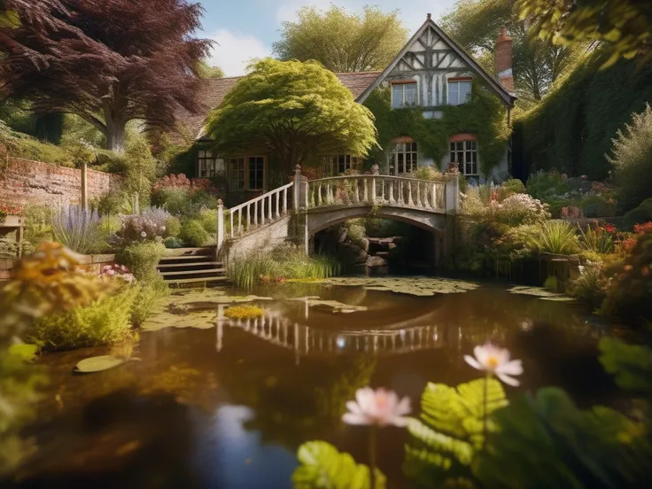 there is a small bridge over a pond in a garden