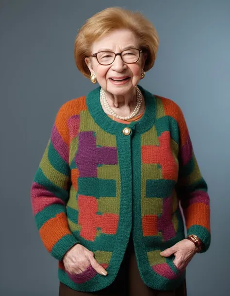 a woman in a colorful sweater and glasses posing for a picture