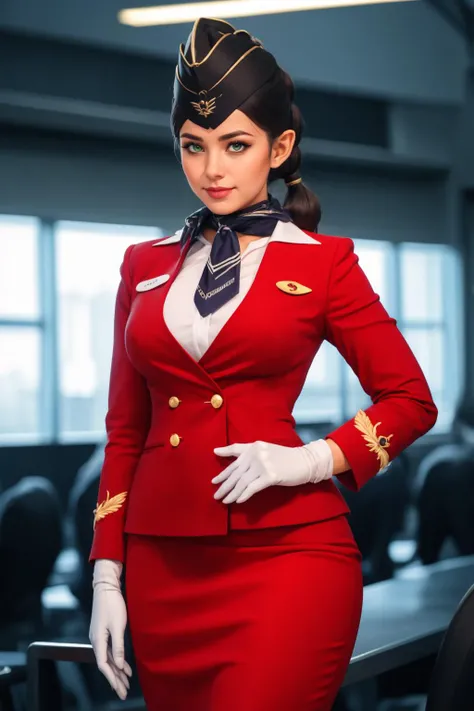 1girl, solo, beautiful adult woman,best quality, high quality, high detail, 4k, 8k resolution,rim lighting <lora:Stewardess-64:0.80> st3w4rd3ss, uniform, white gloves, lapel, garrison cap, pencil skirt, scarf, cuffs, flight pin, [name tag],large breasts, h...