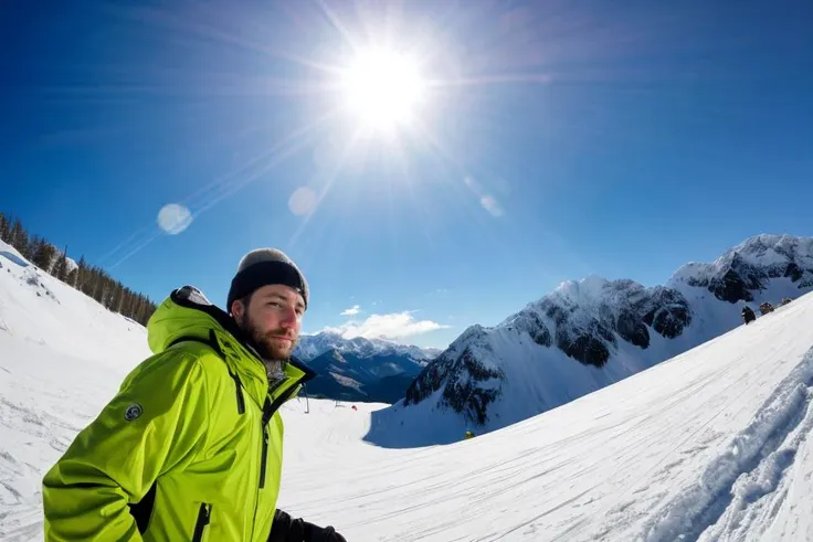 skier in bright green jacket on slope with sun shining over mountains