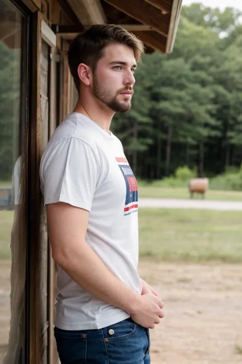 hyper realistic candid photo of a 24yo redneck male, average,  guard tower, analog style, masterpiece, pubic hair, gobsmacked, short hair, slightly hairy chest, crew neck t-shirt, from side