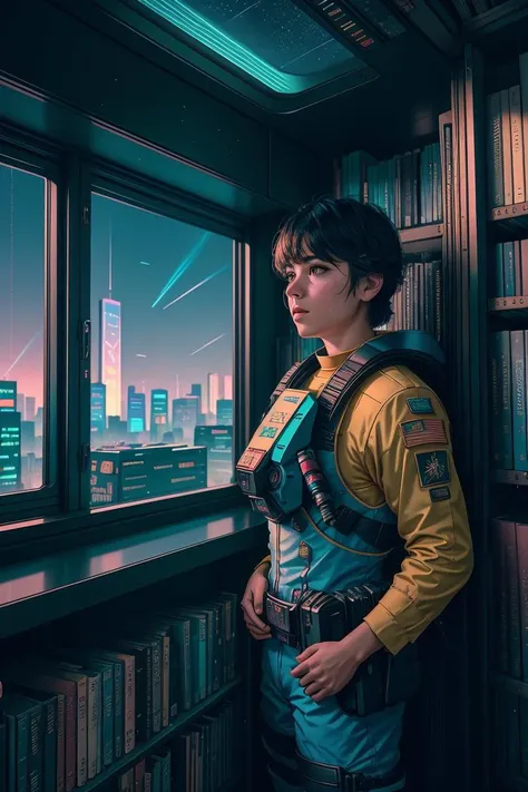 raw photo in hdr, extremely detailed CG unity 8k wallpaper, safety vest, atmosphere, soft focus, (soft lighting:0.9), roughness, (looking out at sprawling cyberpunk city skyline), harsh cinematic light, scale, intricate texture, inside a ((magical library)...