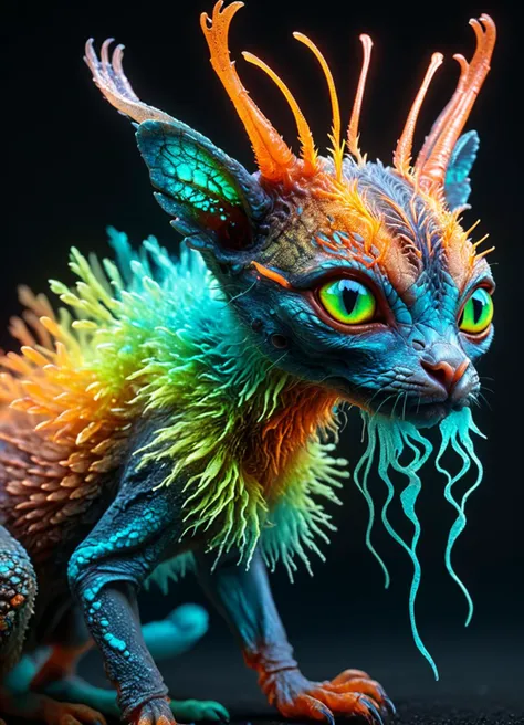 Ombre color scheme of neon yellow, neon blue, neon pink, neon green, neon orange, cute adorable alien insectoid-Caracal-creature with (Clawed Appendages:1.1) and a colorful (Turquoise)-Branched Horns, transparent nodules, highly detailed alien wildlife pho...