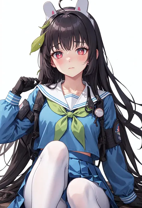 best quality, masterpiece, highres, solo, (miyu_bluearchive:1.10), 1girl, black gloves, blue serafuku, blue shirt, blue skirt, blush, long sleeves, white pantyhose, white sailor collar, closed mouth, green neckerchief, leaf, looking at viewer, pleated skir...