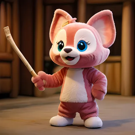 there is a pink and white cat mascot holding a toothbrush