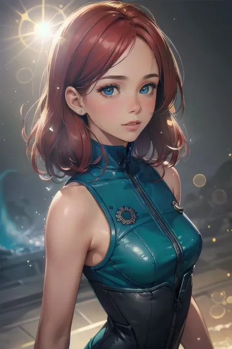 (realistic:1.2), (masterpiece, best quality, ultra-detailed), (beautiful detailed face, beautiful detailed eyes, volumetric lighting), 1girl, solo, (dutch angle:1.3), (red hair, grey eyes:1.4), small breasts, perm hair, (aquamarine jumpsuit, teal bustier:1...