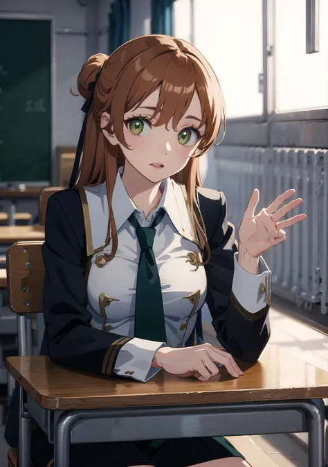 shirleyfenette, <lora:shirleytest:1>, shirley fenette, orange hair, (green eyes:1.5), half updo, long hair, BREAK ashford academy school uniform, buttons, long sleeves, necktie, school uniform, BREAK looking at viewer, BREAK indoors, classroom, BREAK <lora...