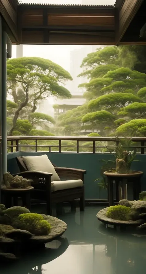 there is a balcony with a chair and a table with a plant on it