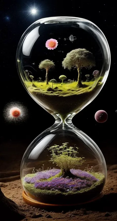 a close up of an hourglass with a plant inside of it