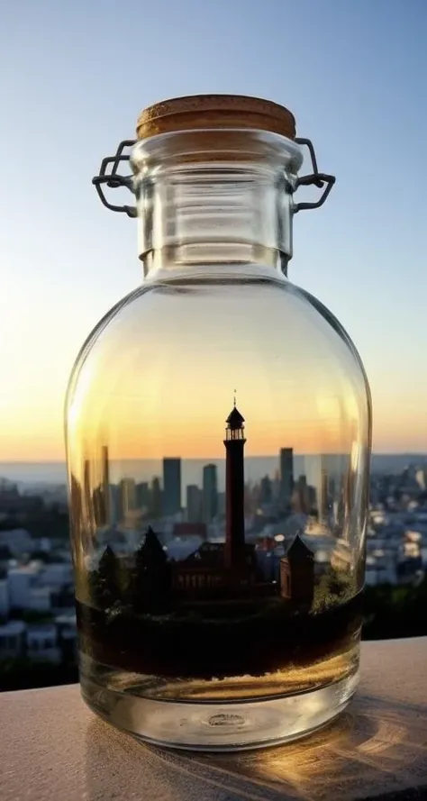 a close up of a glass jar with a small lighthouse inside of it