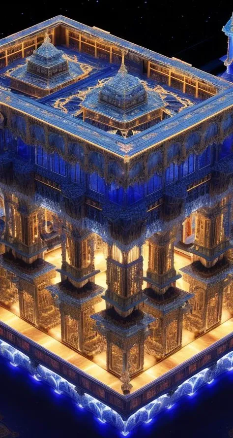 best quality, (masterpiece:1.1), ((sharp focus)), Celestial Library of Astronomical Lore, Polycarbonate Panels,Lapis Lazuli, Bonfires, Cove Lighting in ((isometric style)) at morning, (extremely intricate fractal mandelbulb:1.3), dramatic, award winning,