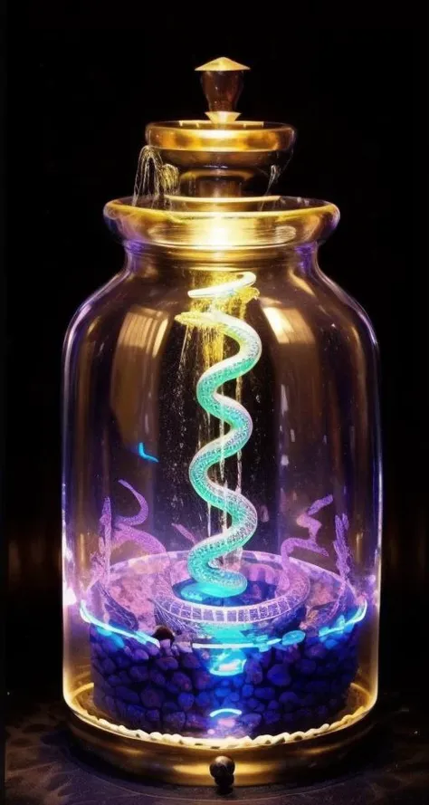 a glass jar with a snake inside of it with blue and purple lights