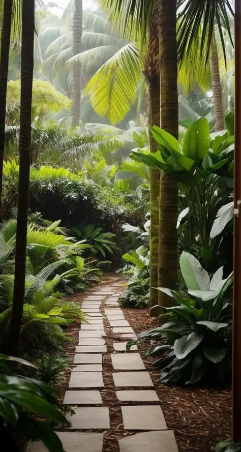 a view of a pathway through a lush green jungle with palm trees