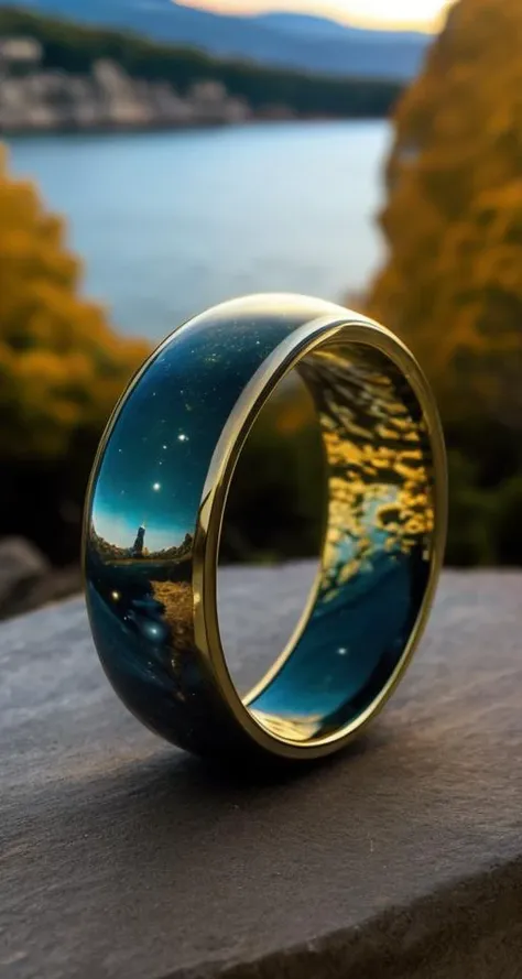 a close up of a ring with a reflection of a lake in it