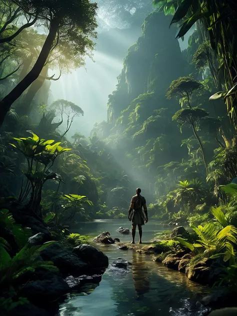 a man walking through a jungle with a stream in the foreground