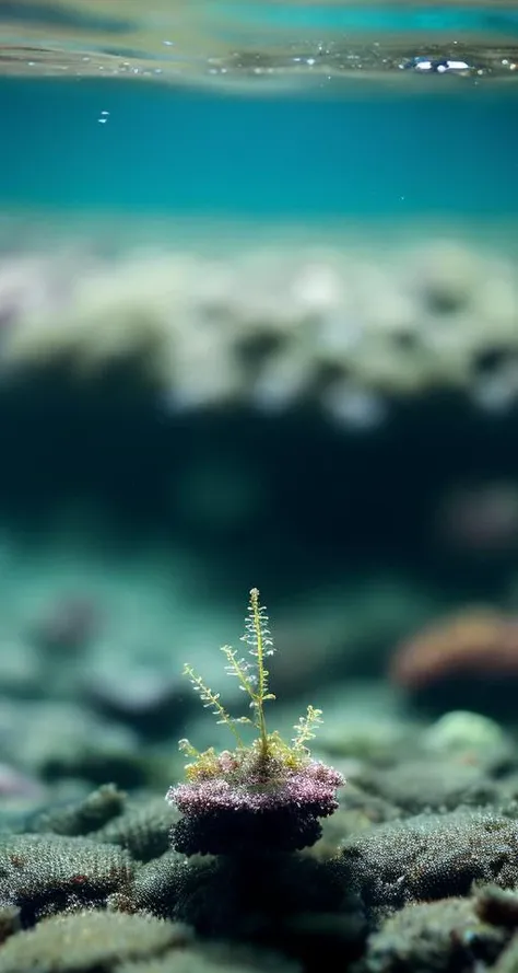 a close up of a small plant growing on a rock in the water