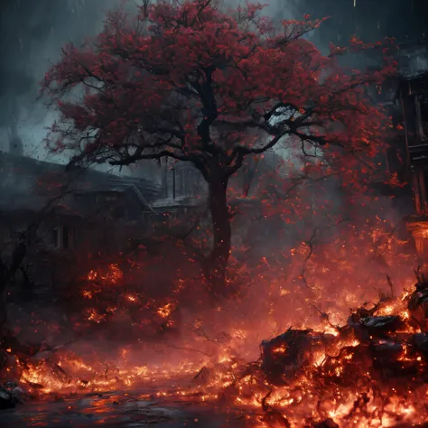 a tree is shown in the middle of a fire with a building in the background