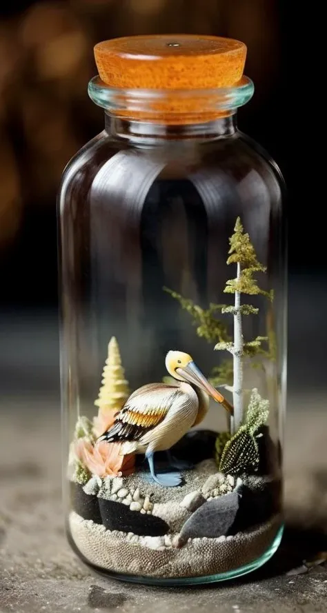 there is a glass jar with a bird inside of it