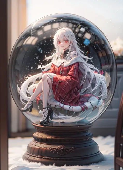 a close up of a snow globe with a person sitting on it