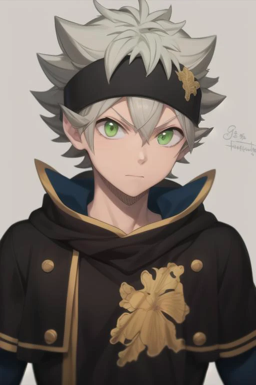 masterpiece, best quality, high quality, 1boy, solo, male focus, looking at viewer, upper body, <lora:asta:0.70>, asta, green eyes, headband, grey hair, spiked hair,