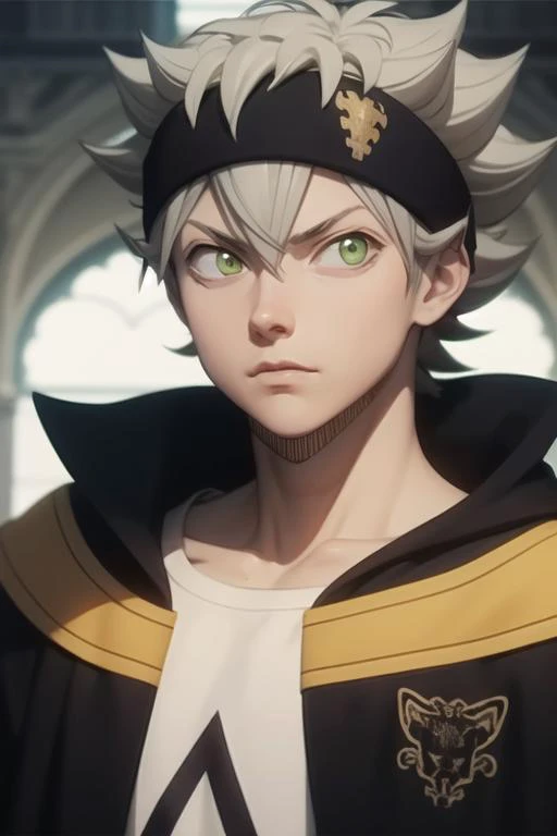 masterpiece, best quality, high quality, 1boy, solo, male focus, looking at viewer, upper body, <lora:asta:0.70>, asta, green eyes, headband, grey hair, spiked hair,