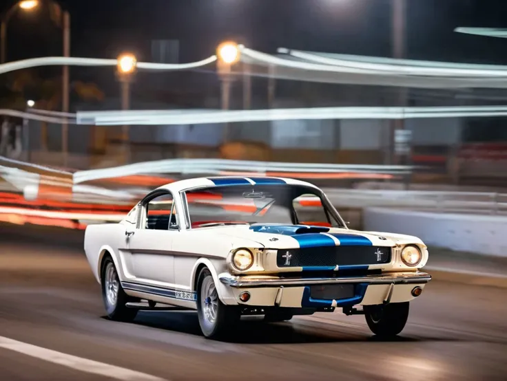 white 1965 shelby gt350, (driver:1.2),
street race at night, motion blur, highly detailed, cinematic lighting, detailed, 4k, 8k, dslr, 50mm, Hasselblad X2D
 <lora:1965_Ford_Mustang_ShelbyGT350_SDXL_v1_Platypus:1>