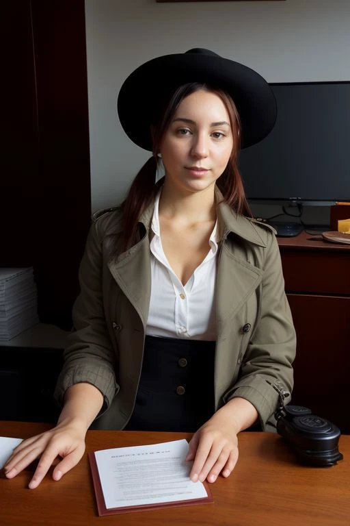 DEN_ariana_aura,
a 1940s private investigator wearing a trench coat and rimmed hat sitting in a drab dank office at the desk using a typewriter, private investigator, 1940s,
bokeh, f1.4, 40mm, photorealistic, raw, 8k, textured skin, skin pores, intricate d...