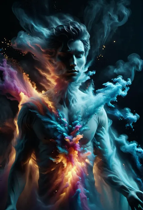 a man with a body full of colorful smoke and a body full of blue and pink smoke