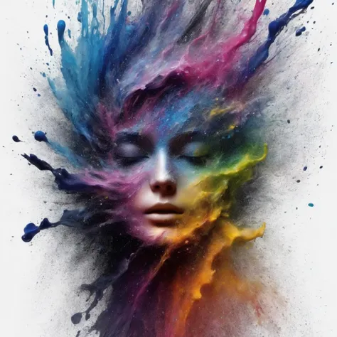 1woman colorful dissolves into into splashes <lora:dissolve:1> dissolve, particles, black background, (masterpiece:1.2), best quality, (hyperdetailed, highest detailed:1.2), high resolution textures