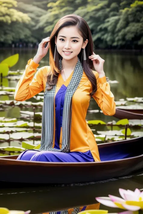 a photograph up-close body of a woman, wears khanranbaba, black striped scarf,  2 legged black pants, rowing canoe, lotus, beautiful face, gorgeous detailed faces, confident pose, confident,  ,gorgeous costume, intricate, seductive, in front green flowered...