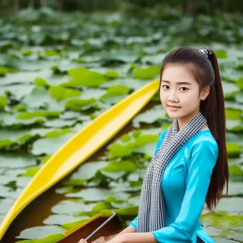 a photograph up-close body of a girl,  1girl, wears khanranbaba, black striped scarf,  wooden canoeing, lotus, beautiful face, gorgeous detailed faces, confident pose, confident,  ,gorgeous costume, intricate, seductive, in front green flowered park, depth...