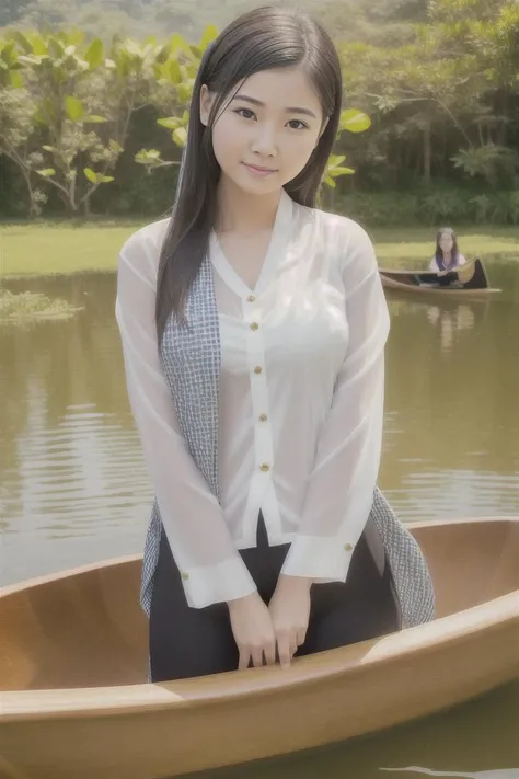 a photograph up-close body of a woman, wears khanranbaba, black striped scarf,  2 legged black pants, rowing canoe, lotus, beautiful face, gorgeous detailed faces, confident pose, confident,  ,gorgeous costume, intricate, seductive, in front green flowered...